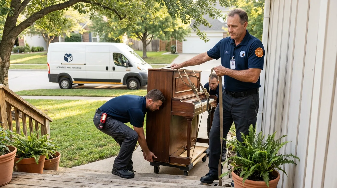 Licensed piano movers securing grand piano in Hinckley, MN