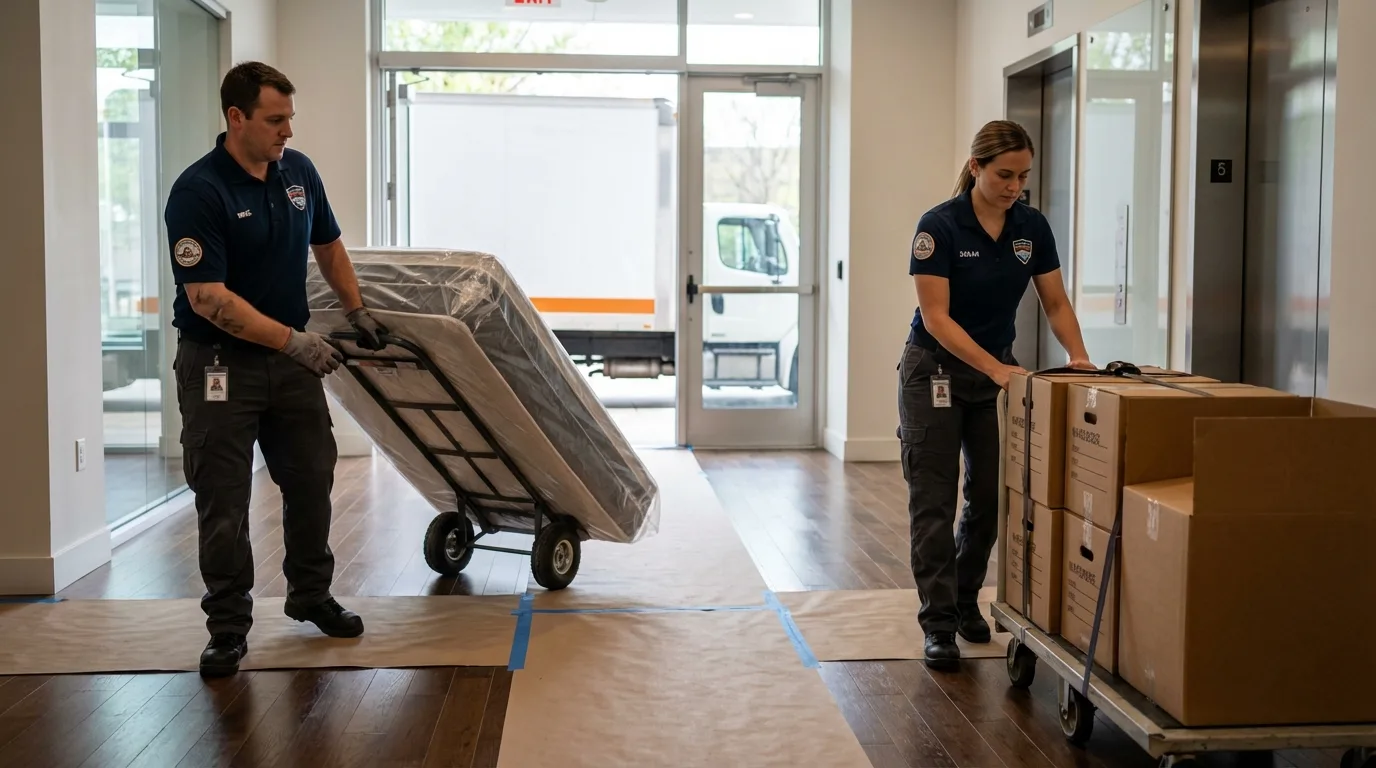 Professional apartment movers loading elevator in Hinckley, MN