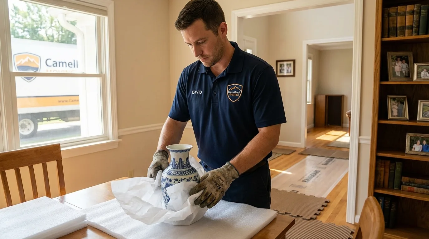 Professional crew carefully wrapping antique vase for senior downsizing move in Hinckley, MN
