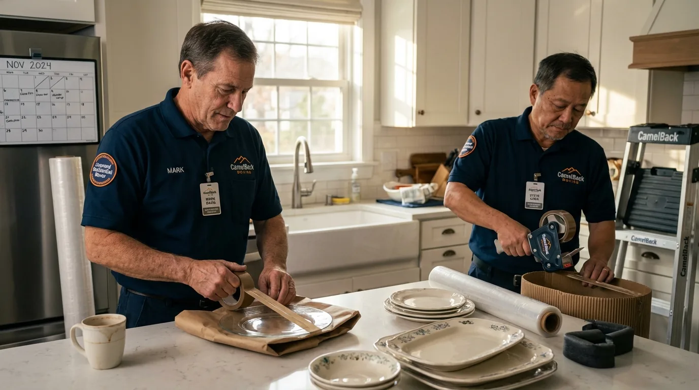 Professional crew packing kitchen dishware in Hinckley, MN